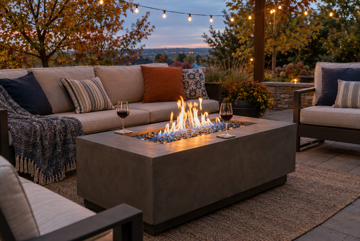 Concrete propane fire pit table with outdoor sofa seating on a patio at dusk