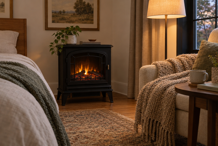 Freestanding electric fireplace stove with a realistic flame in a cozy bedroom
