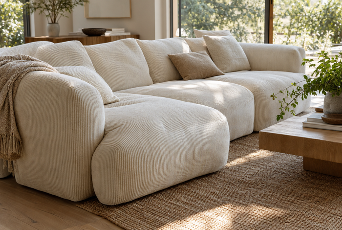 Cream corduroy modular cloud couch with plush cushions in a sunlit living room