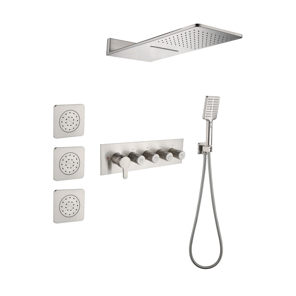 10 inch brushed nickel waterfall rain shower system with 3 body sprays and handheld shower