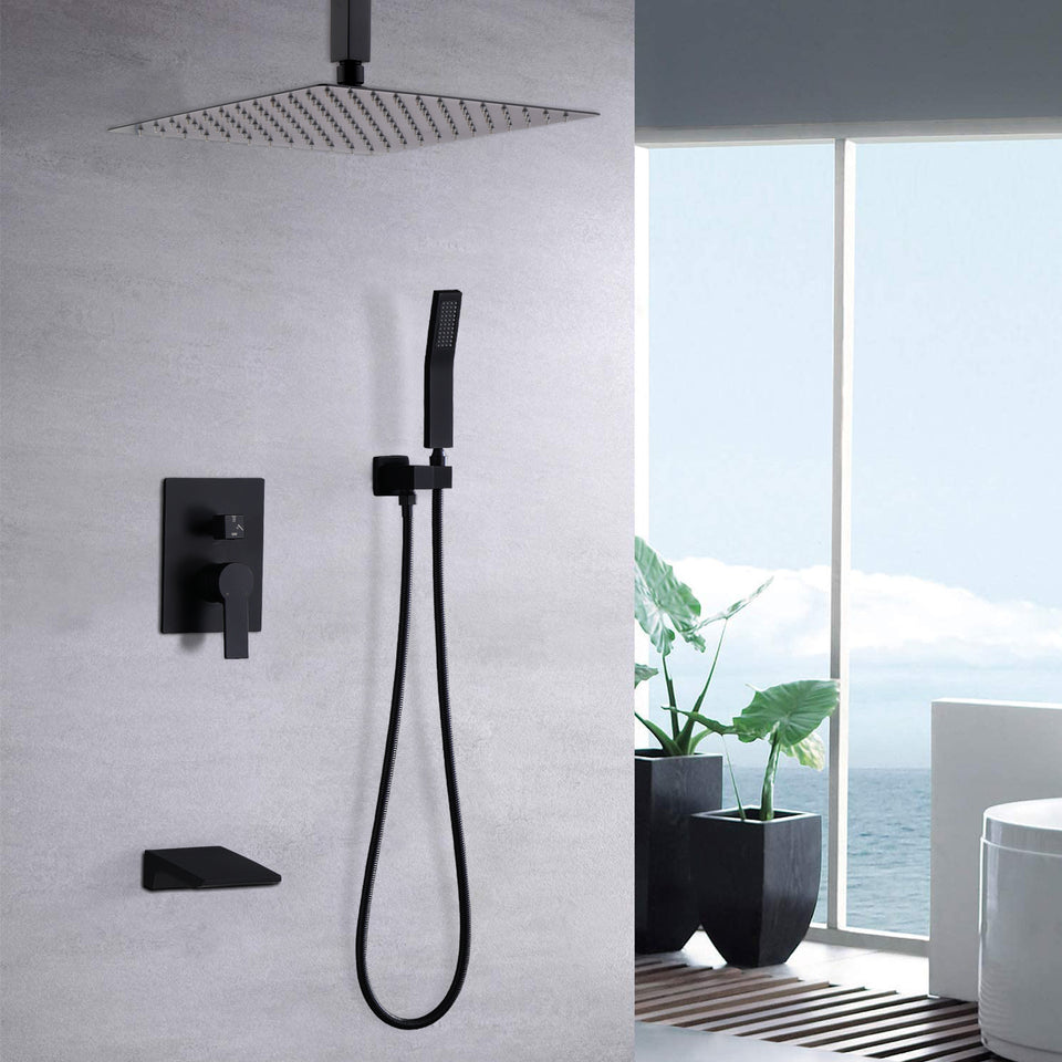 10 inch matte black shower system with rain head, handheld shower and waterfall tub spout