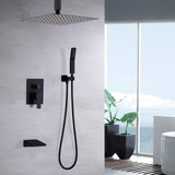 10 inch matte black shower system with rain head, handheld shower and waterfall tub spout