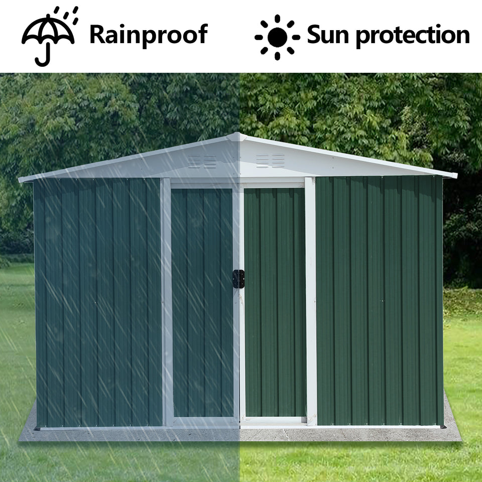 Green metal shed in garden