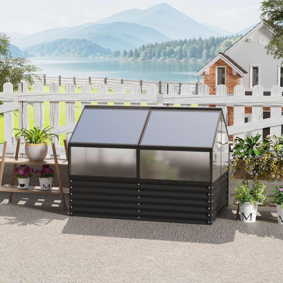 Raised garden bed with cover open