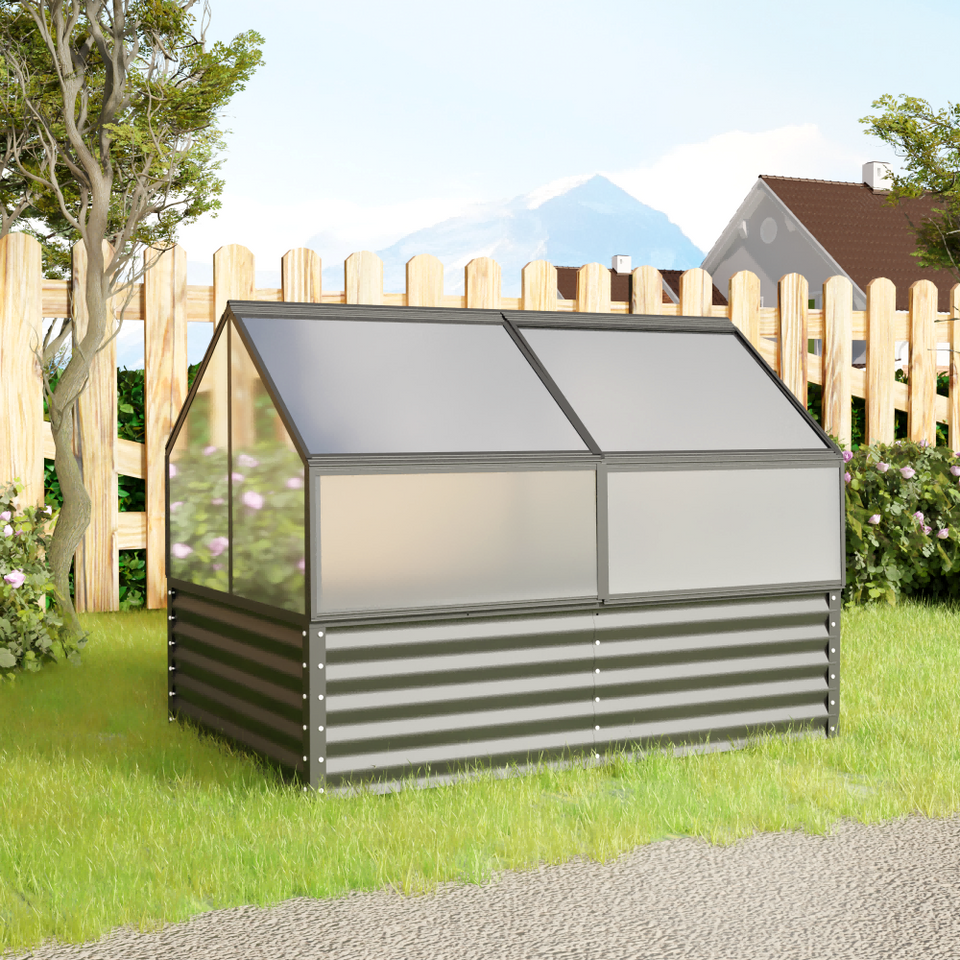 Galvanized raised garden bed with greenhouse cover