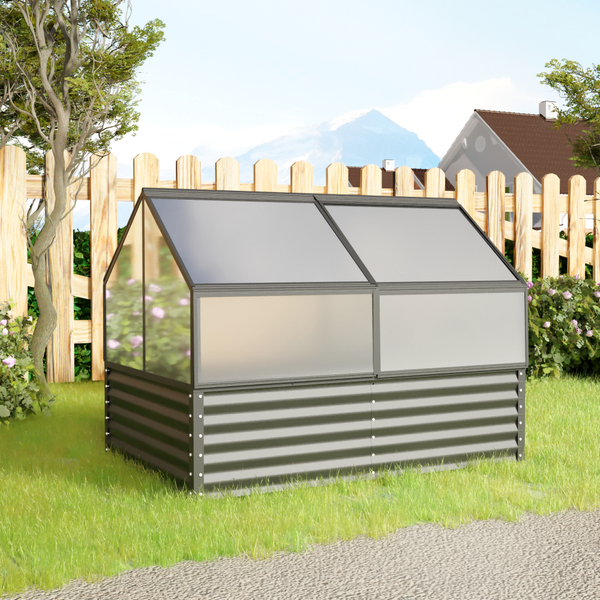 Galvanized raised garden bed with greenhouse cover
