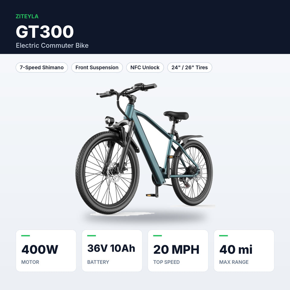 GT300 Electric Commuter Bike – 24"/26", 7-Speed Shimano