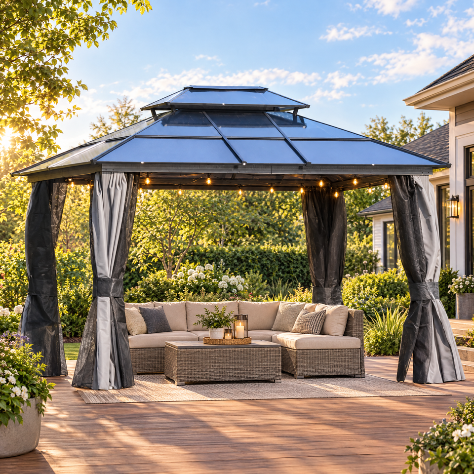 Hardtop gazebo on a backyard deck with lounge furniture