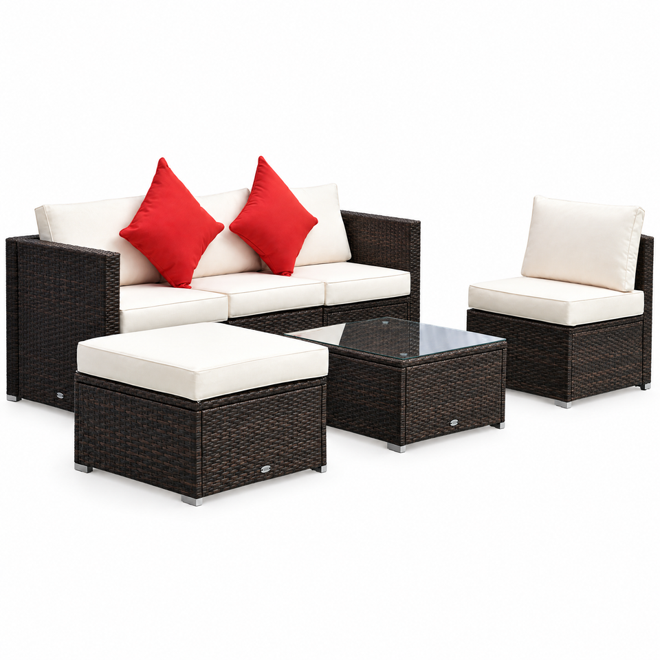 6-piece wicker sectional sofa set with cream cushions on white background