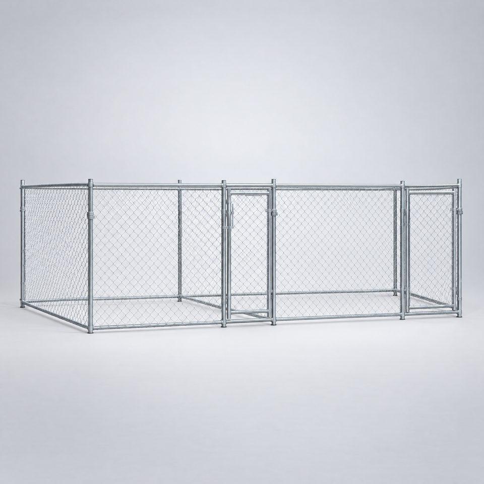 Dog kennel side view showing full 26 ft length