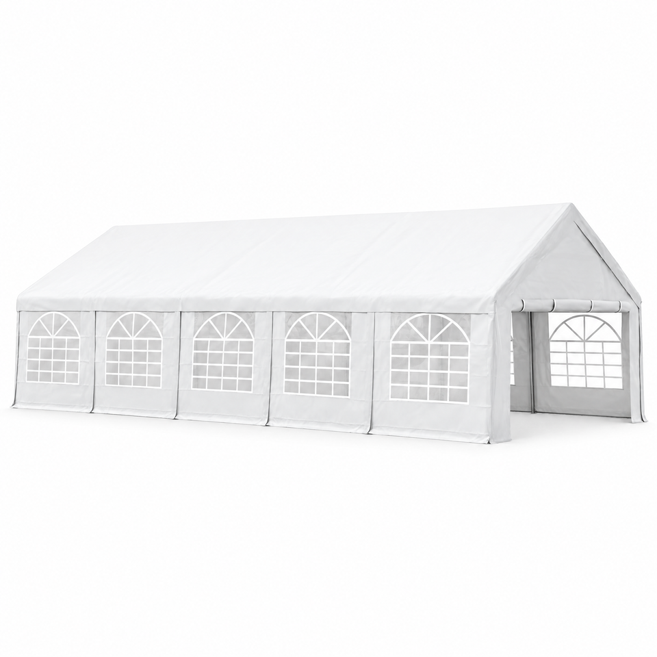 16 x 32 ft white heavy-duty party tent and carport on white background