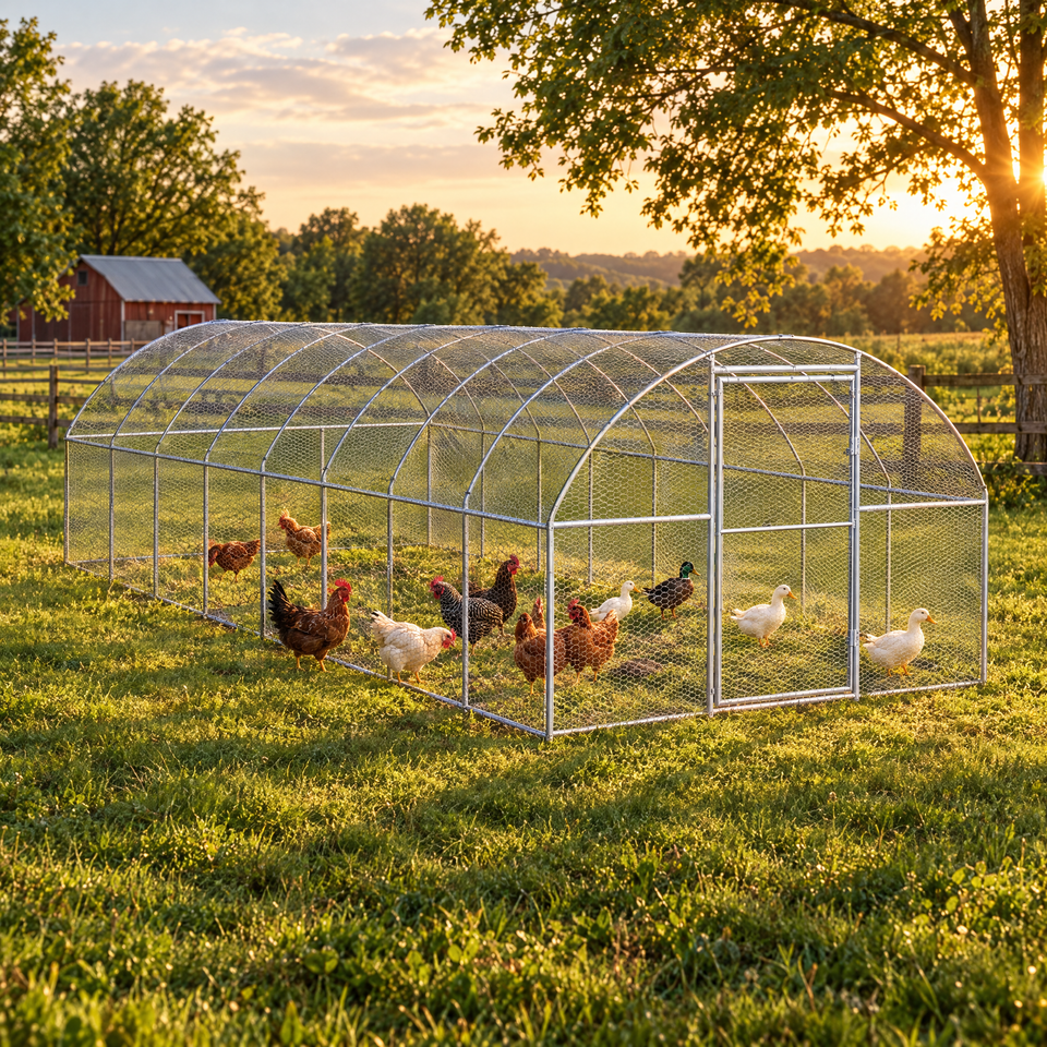 Large chicken run with chickens in a farmhouse backyard