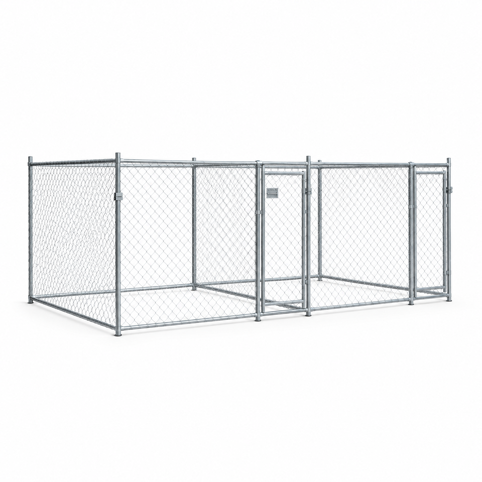 Heavy-duty galvanized steel dog kennel 26.2 x 6.6 x 4.9 ft on white background