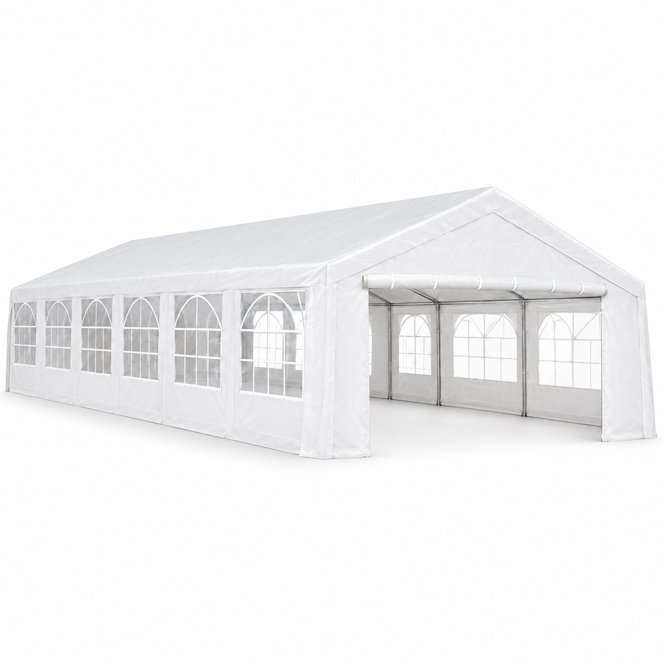 20 x 40 ft white heavy-duty party tent and carport on white background