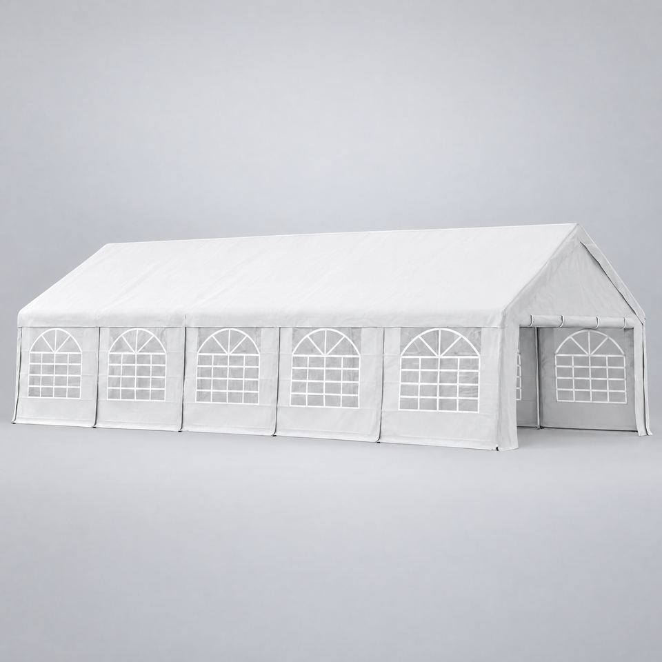 Party tent side view with cathedral windows
