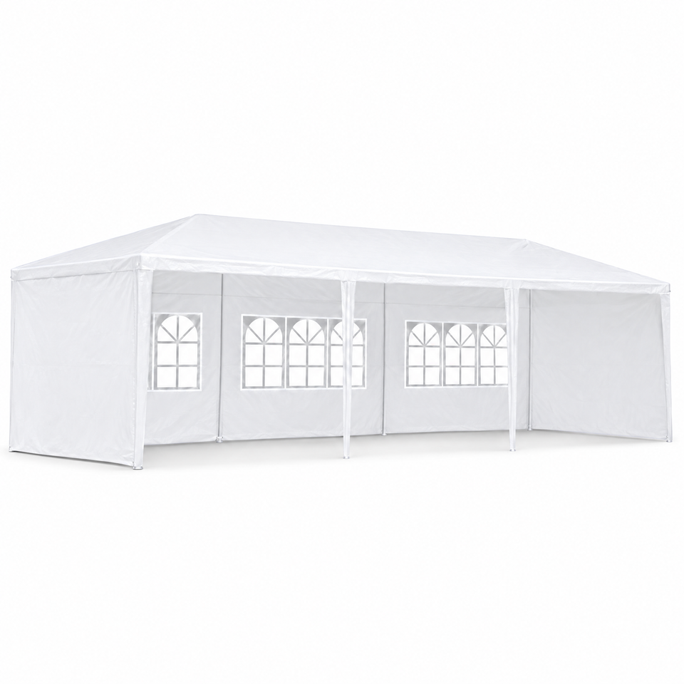 10 x 30 ft white party canopy tent with sidewalls on white background