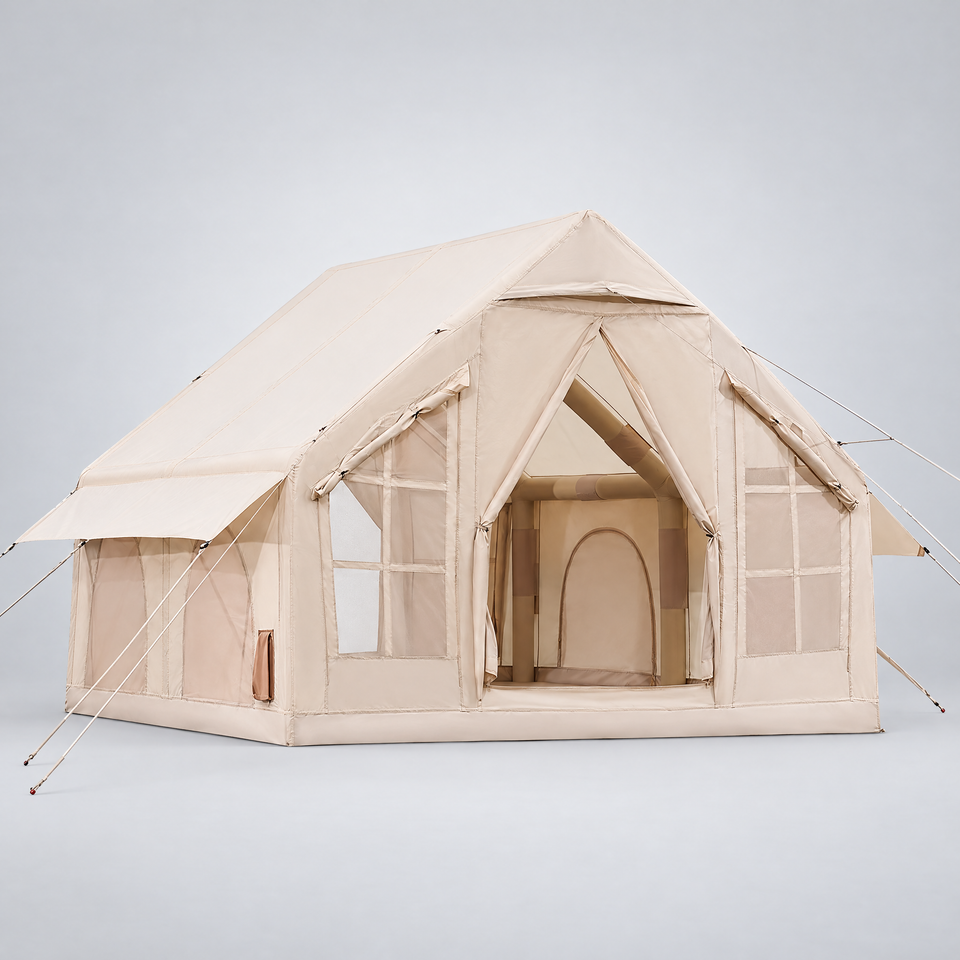 Inflatable tent front view showing the entrance