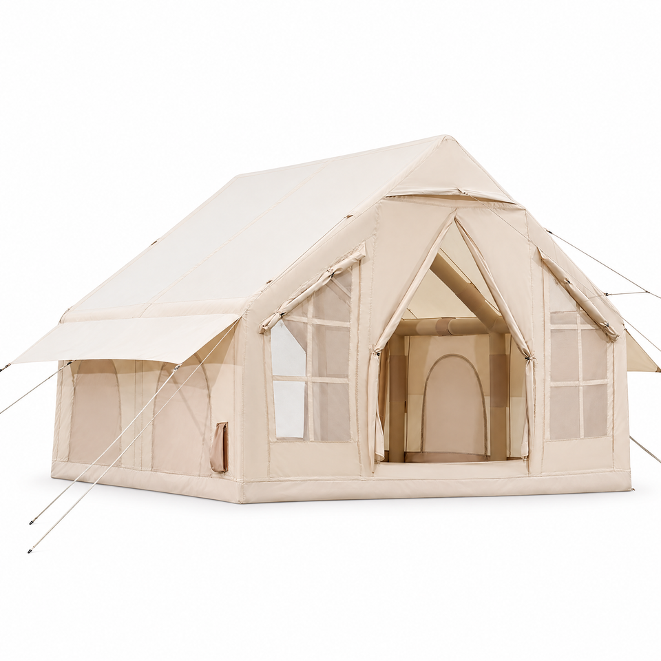 Inflatable 4-6 person glamping tent on white background