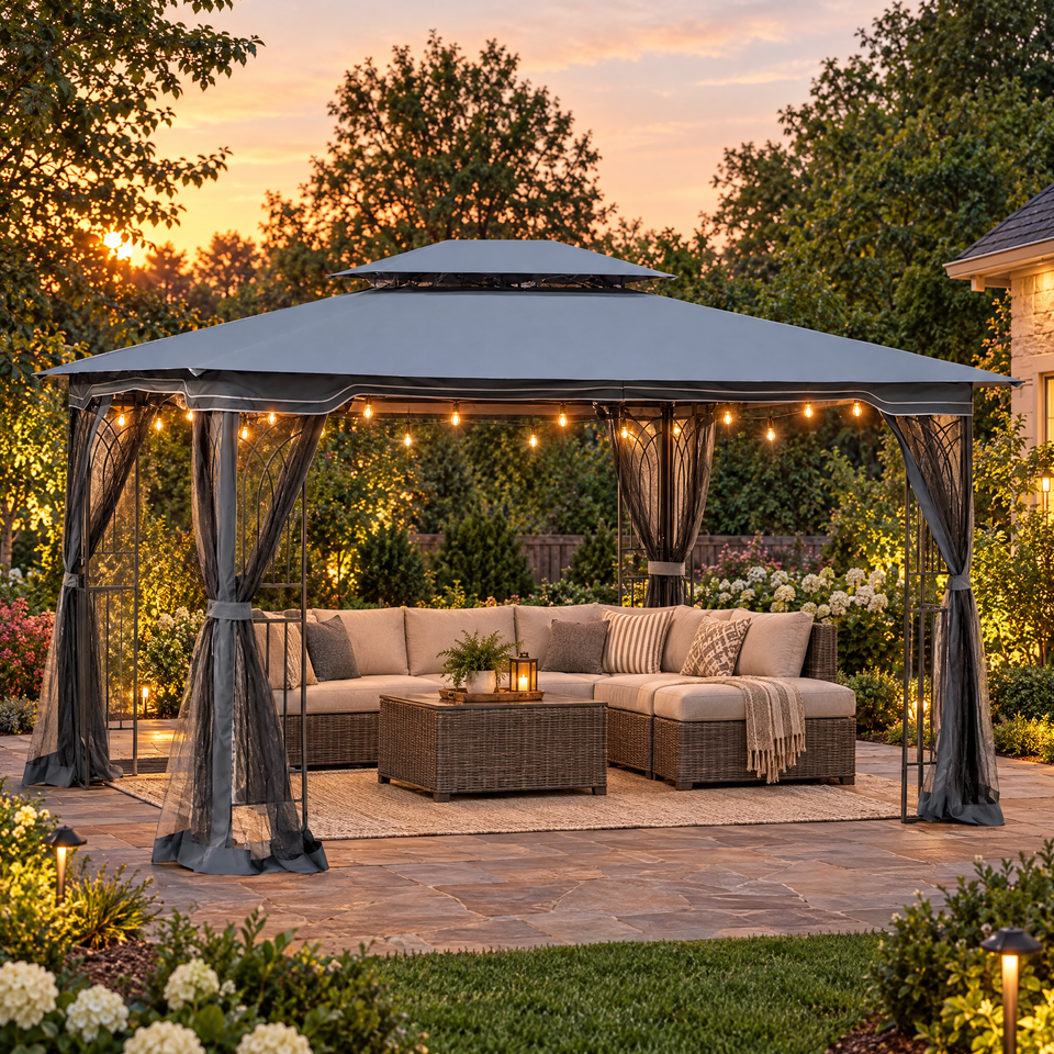 Patio gazebo with outdoor sofa set and string lights in a backyard