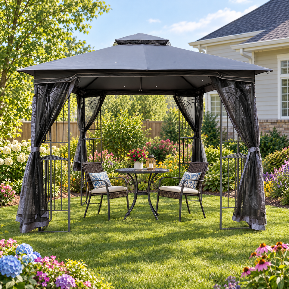 10 x 10 ft gazebo with bistro set in a backyard garden