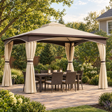 Beige patio gazebo with dining set in a suburban backyard