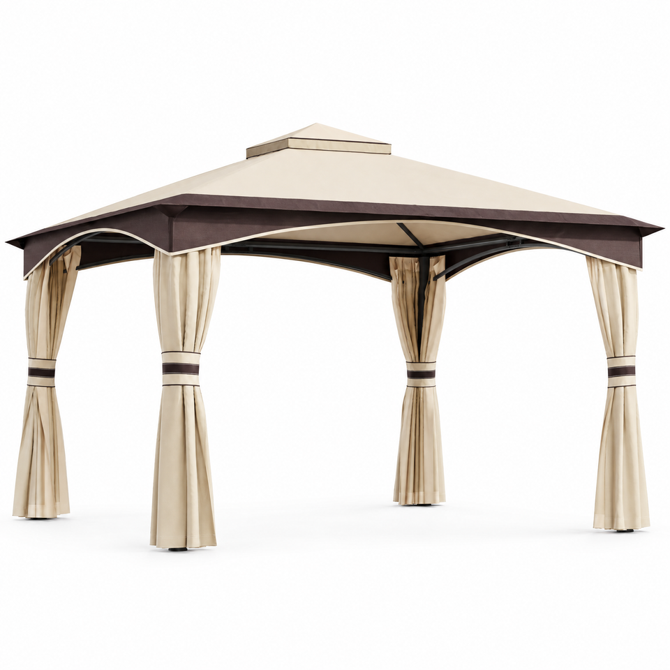 10 x 12 ft beige steel patio gazebo with 2-tier roof on white background