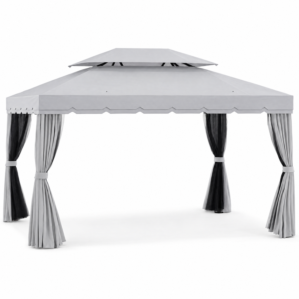 10 x 13 ft aluminum patio gazebo with netting and curtains on white background