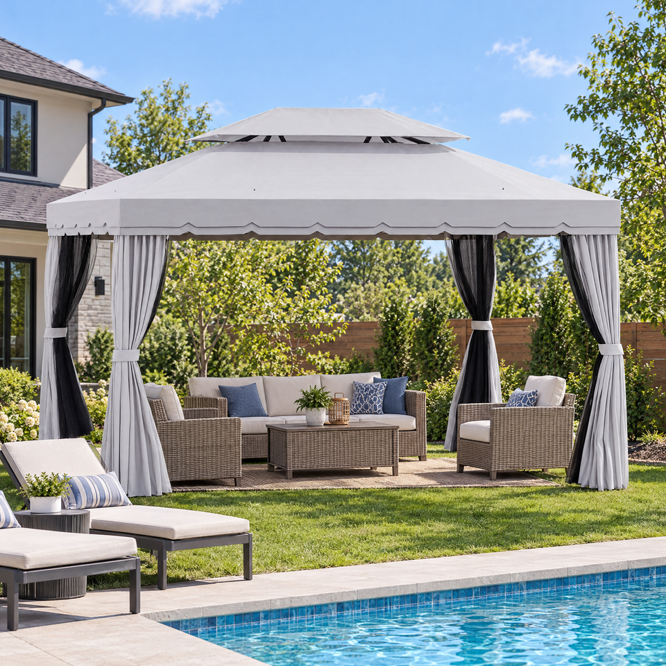 Aluminum gazebo beside a backyard swimming pool