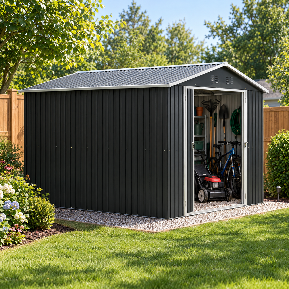 Metal storage shed in a backyard with lawn mower and tools inside