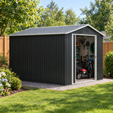 Metal storage shed in a backyard with lawn mower and tools inside