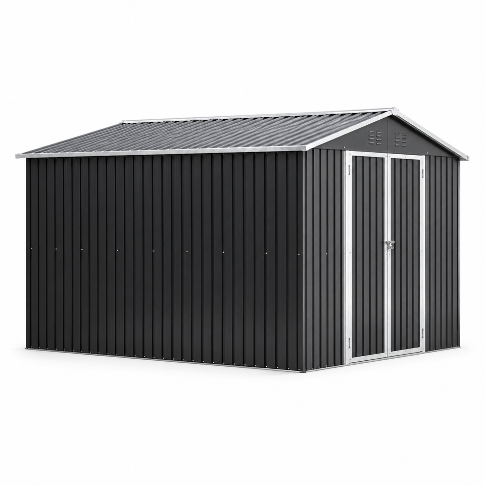 10 x 10 ft galvanized steel metal storage shed on white background
