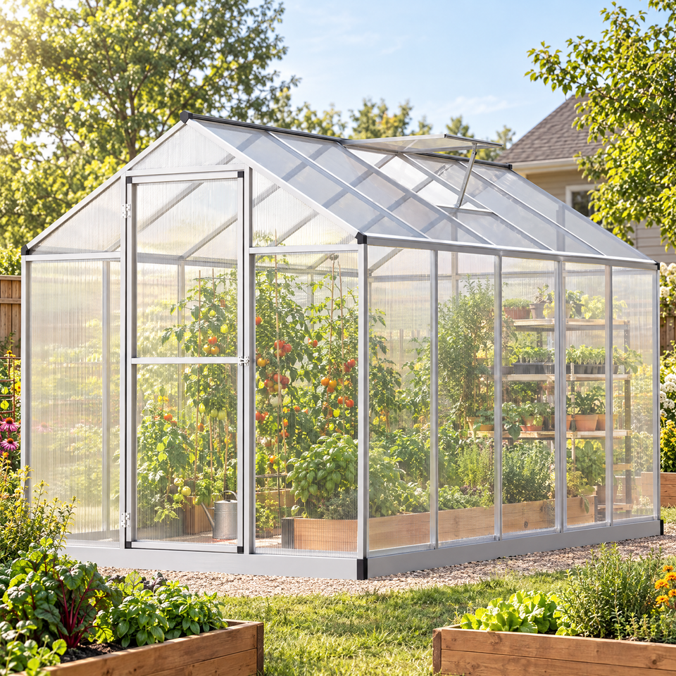 Polycarbonate greenhouse with plants in a backyard vegetable garden