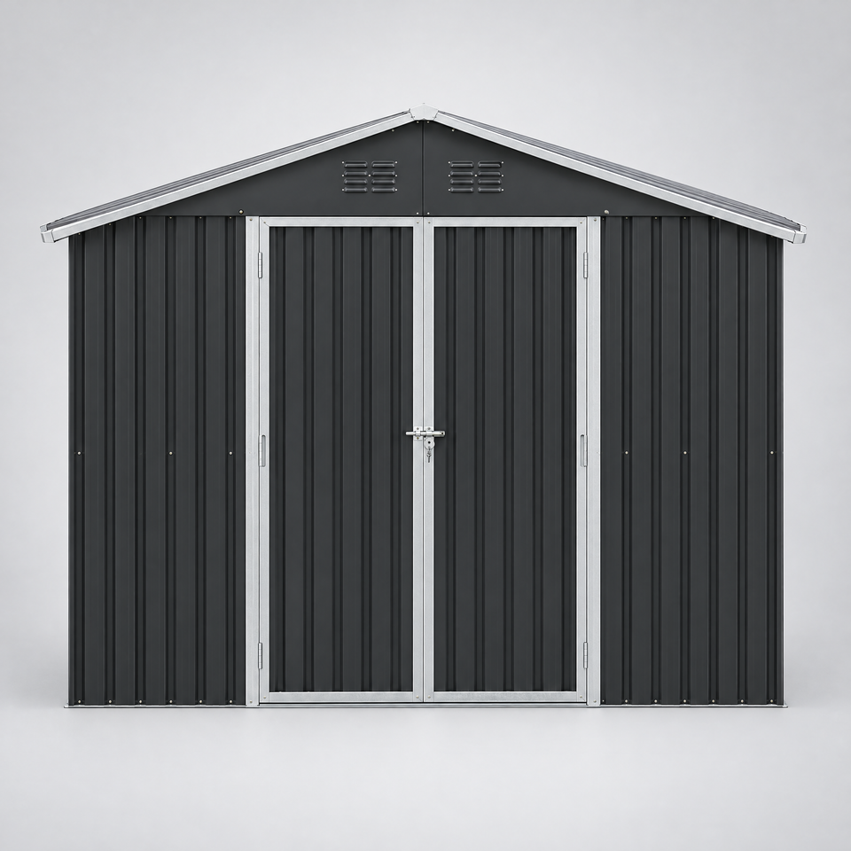 Storage shed front view with sliding doors closed