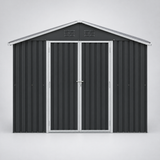 Storage shed front view with sliding doors closed