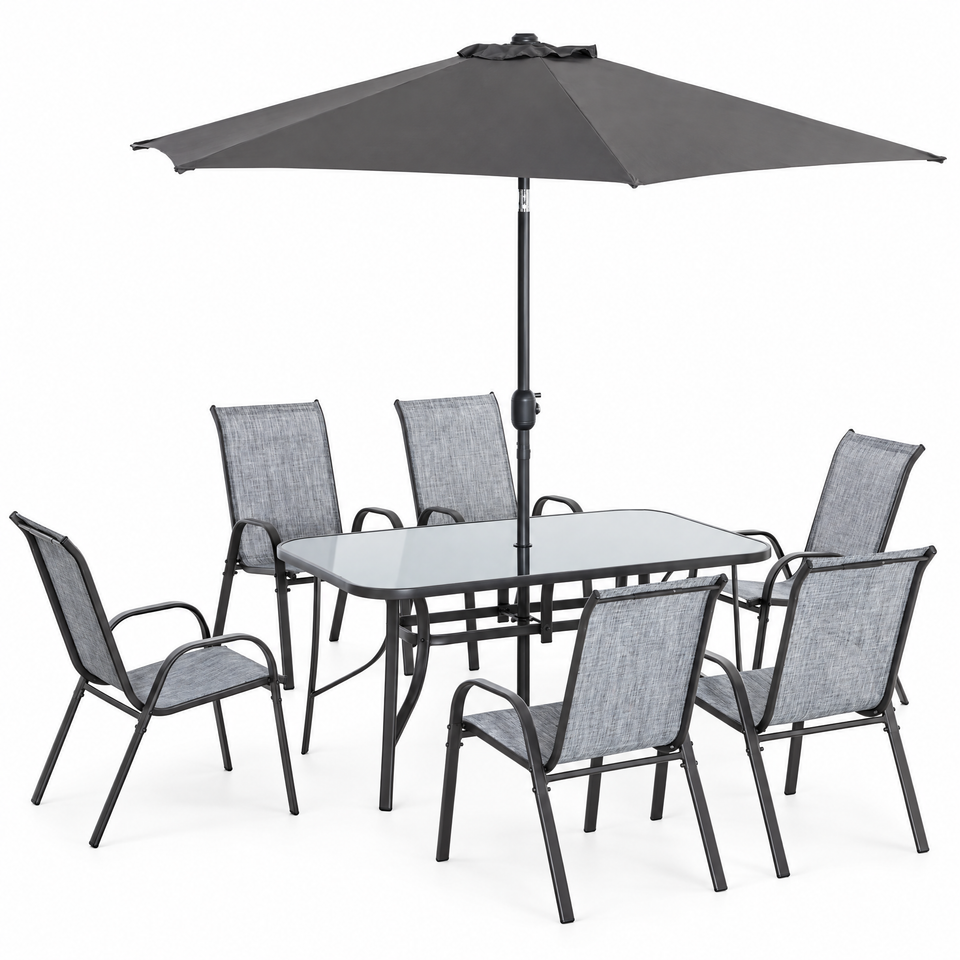 Outdoor dining set with 6 mesh chairs, glass table and umbrella on white background