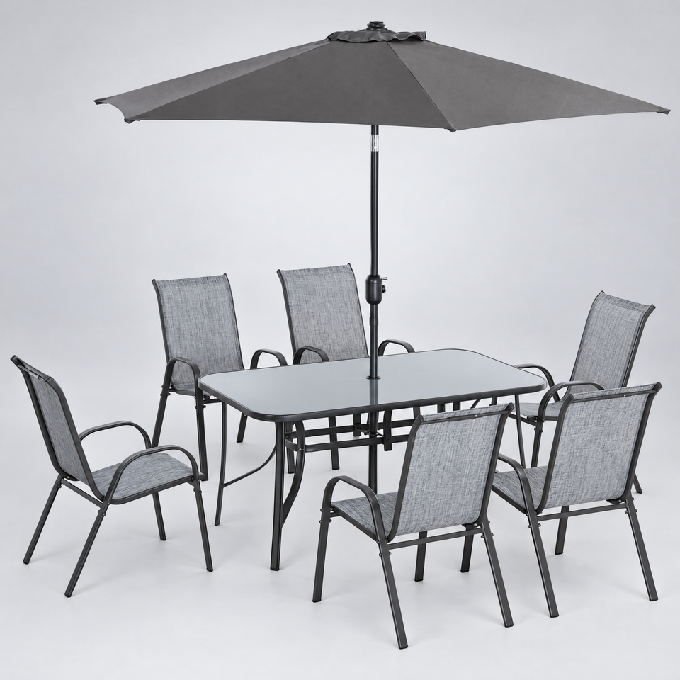 Dining set high-angle view showing table and six chairs