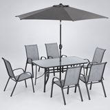 Dining set high-angle view showing table and six chairs