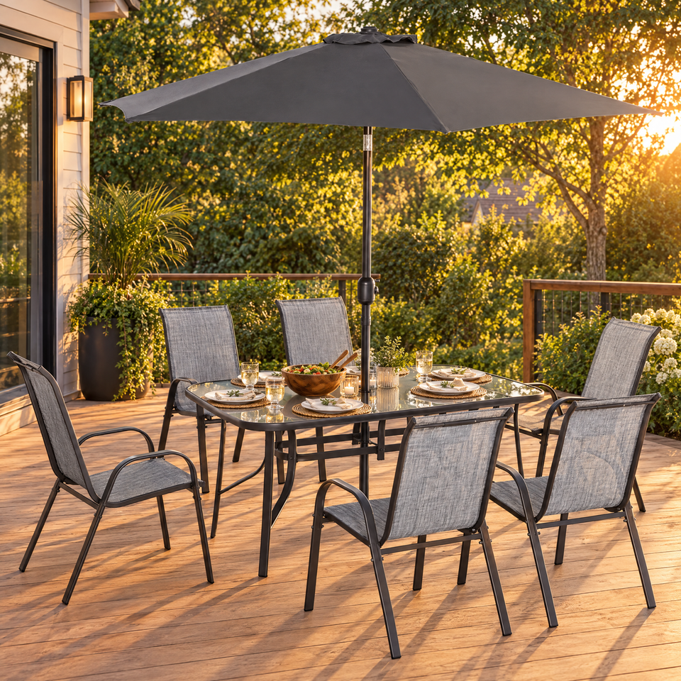Patio dining set on a backyard deck set for dinner