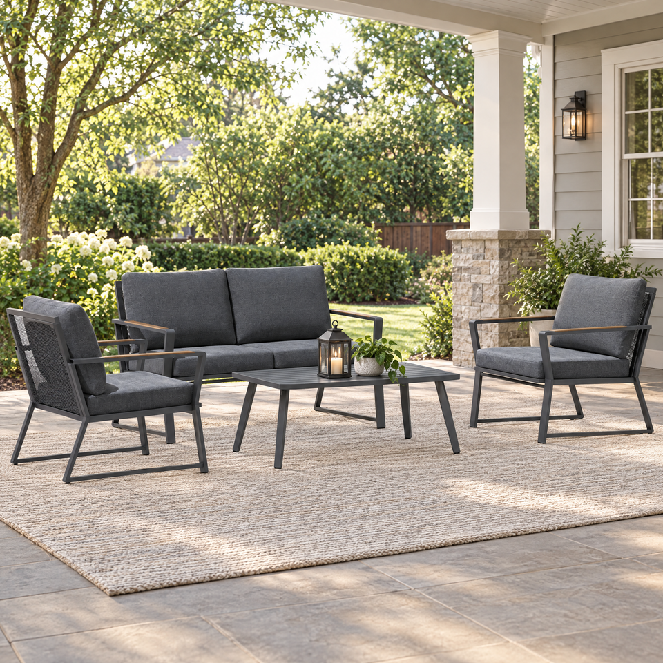 Patio conversation set on a covered porch overlooking a garden