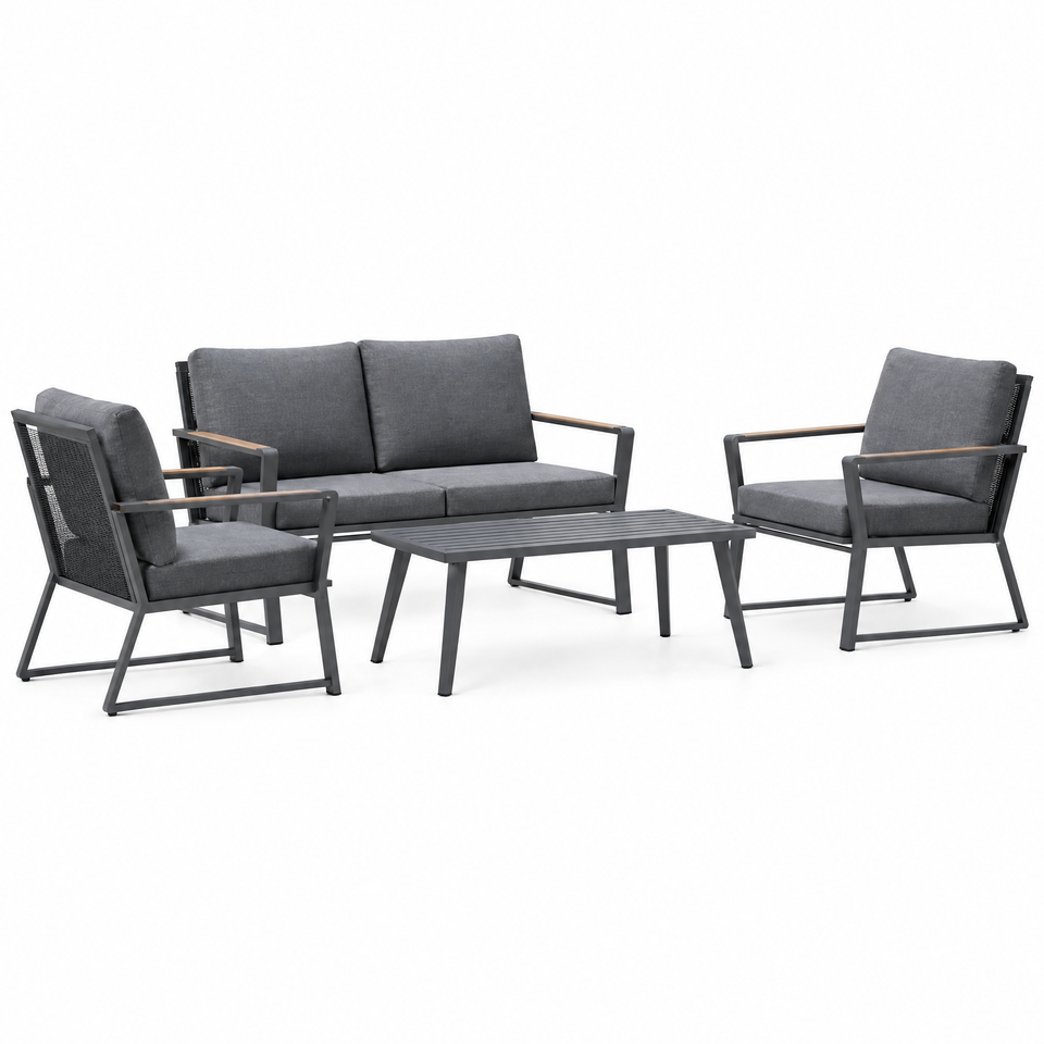 4-piece dark gray aluminum patio conversation set on white background