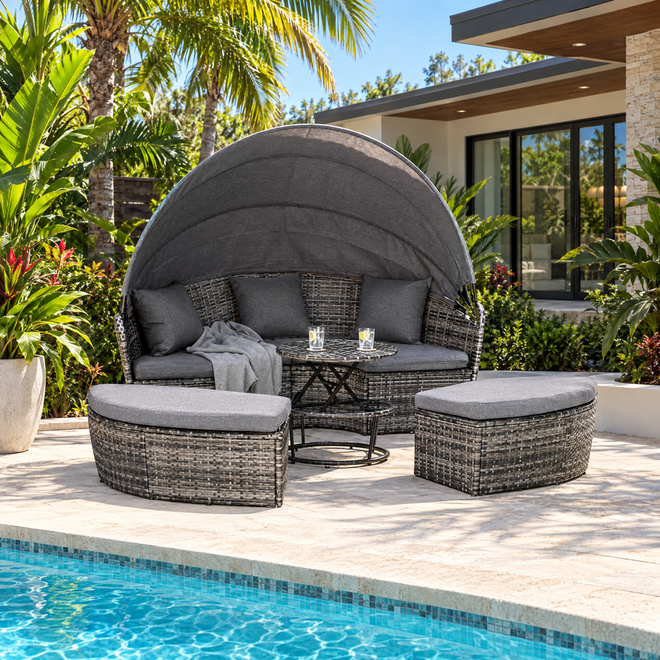 Patio daybed set beside a backyard swimming pool