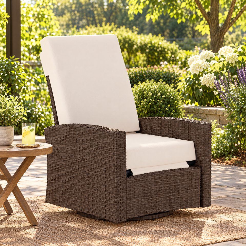 Wicker swivel recliner on a sunny garden patio