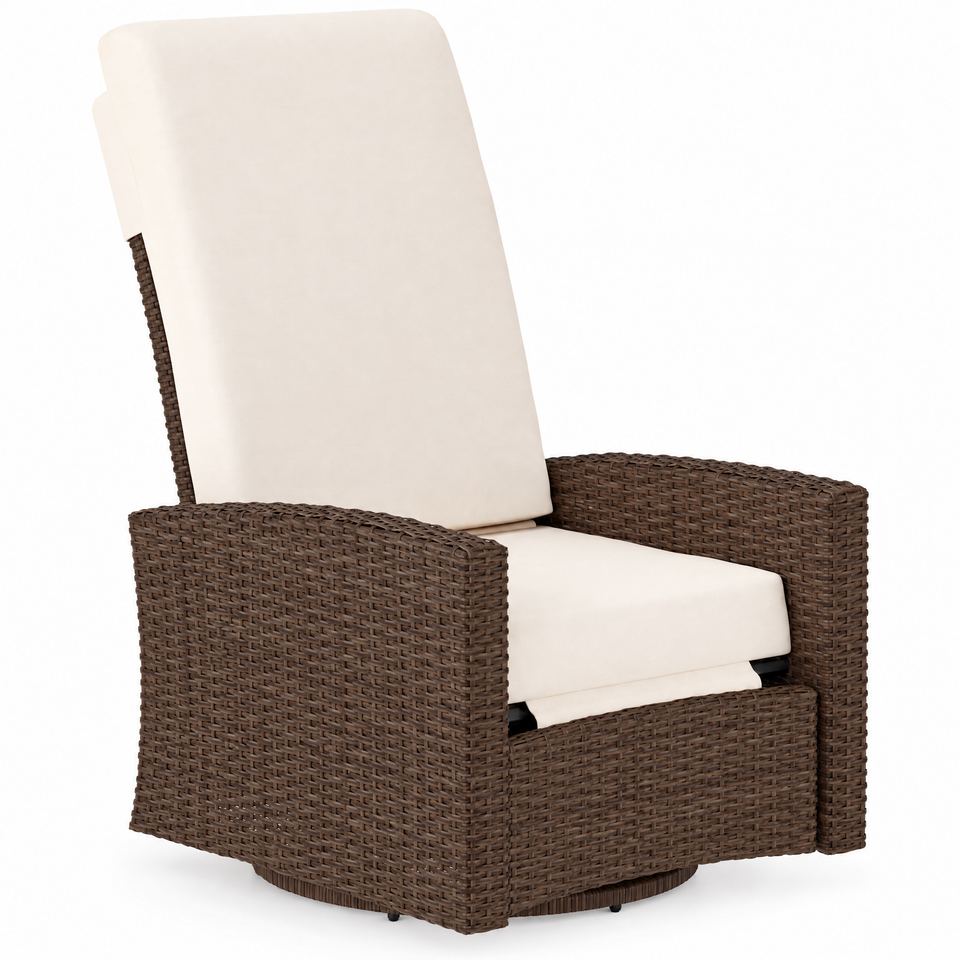 Outdoor wicker swivel recliner with cream cushions on white background