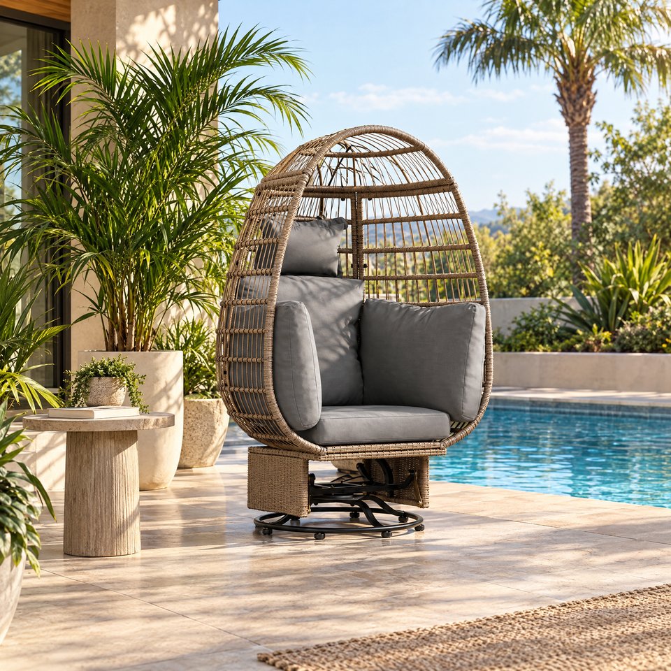 Wicker egg chair on a sunny poolside patio