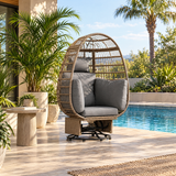 Wicker egg chair on a sunny poolside patio