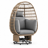 Wicker egg chair with cushions and swivel rocking base on white background