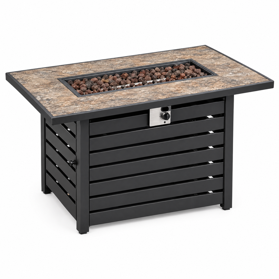42-inch black steel propane fire pit table with lava rocks on white background