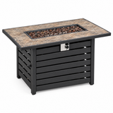42-inch black steel propane fire pit table with lava rocks on white background