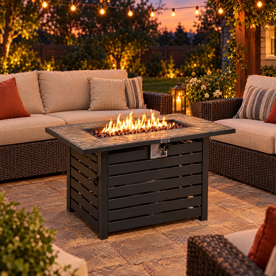 Propane fire pit table burning on a backyard patio at dusk