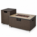 Brown wicker propane fire pit table with side table on white background